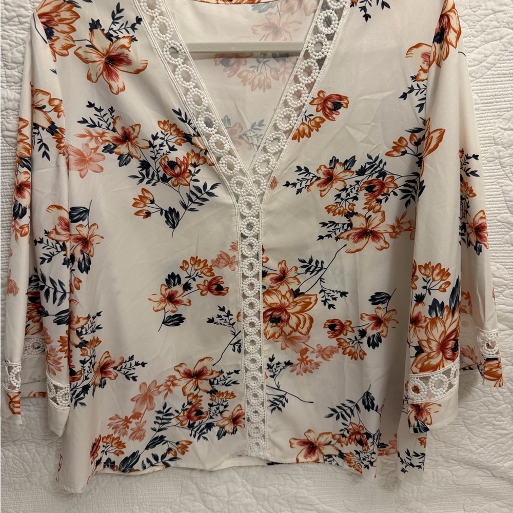 SHEIN Floral V-Neck Blouse with Lace Trim